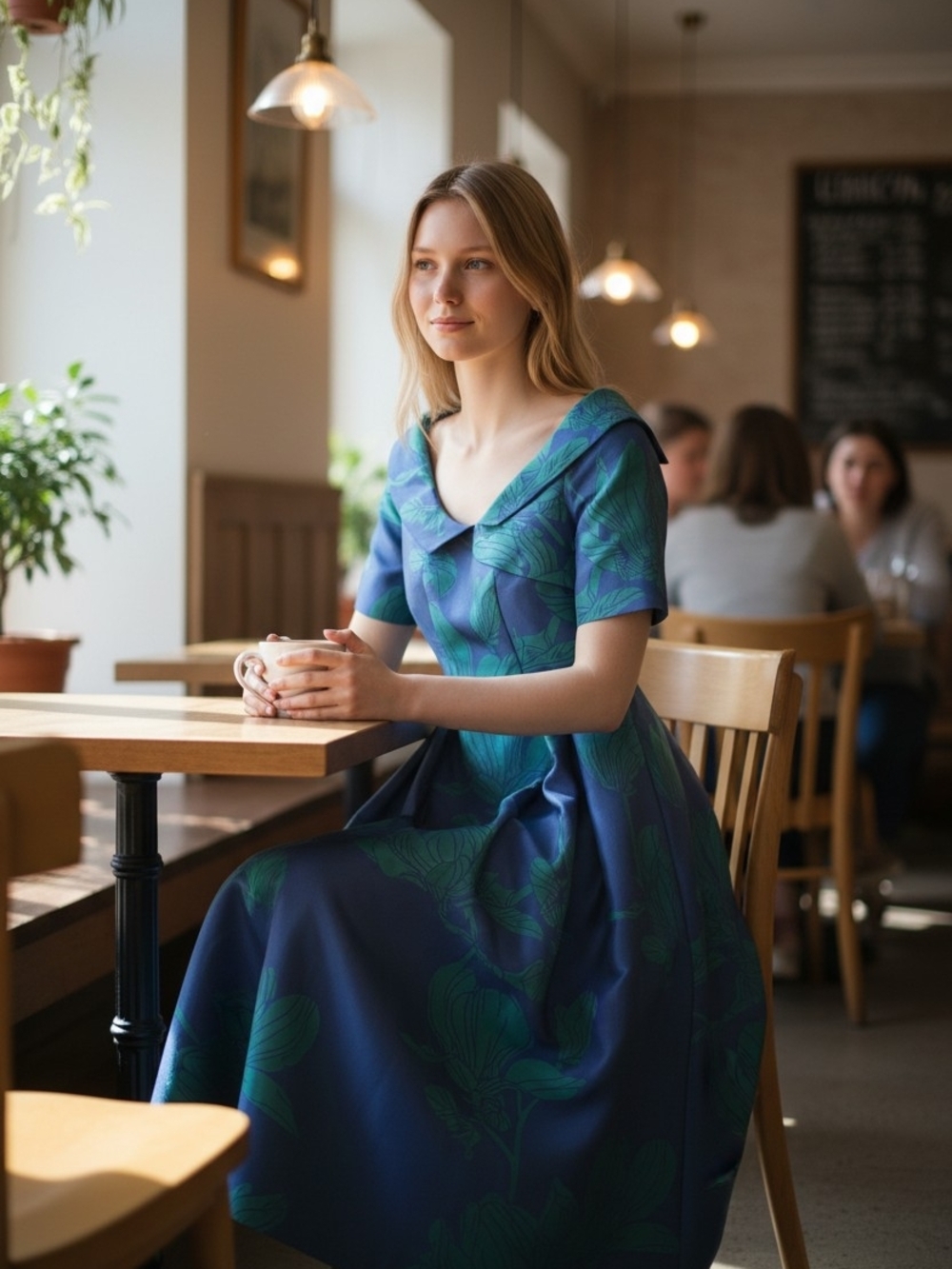 Kay Unger Navy Blue Dress with Green Floral Print